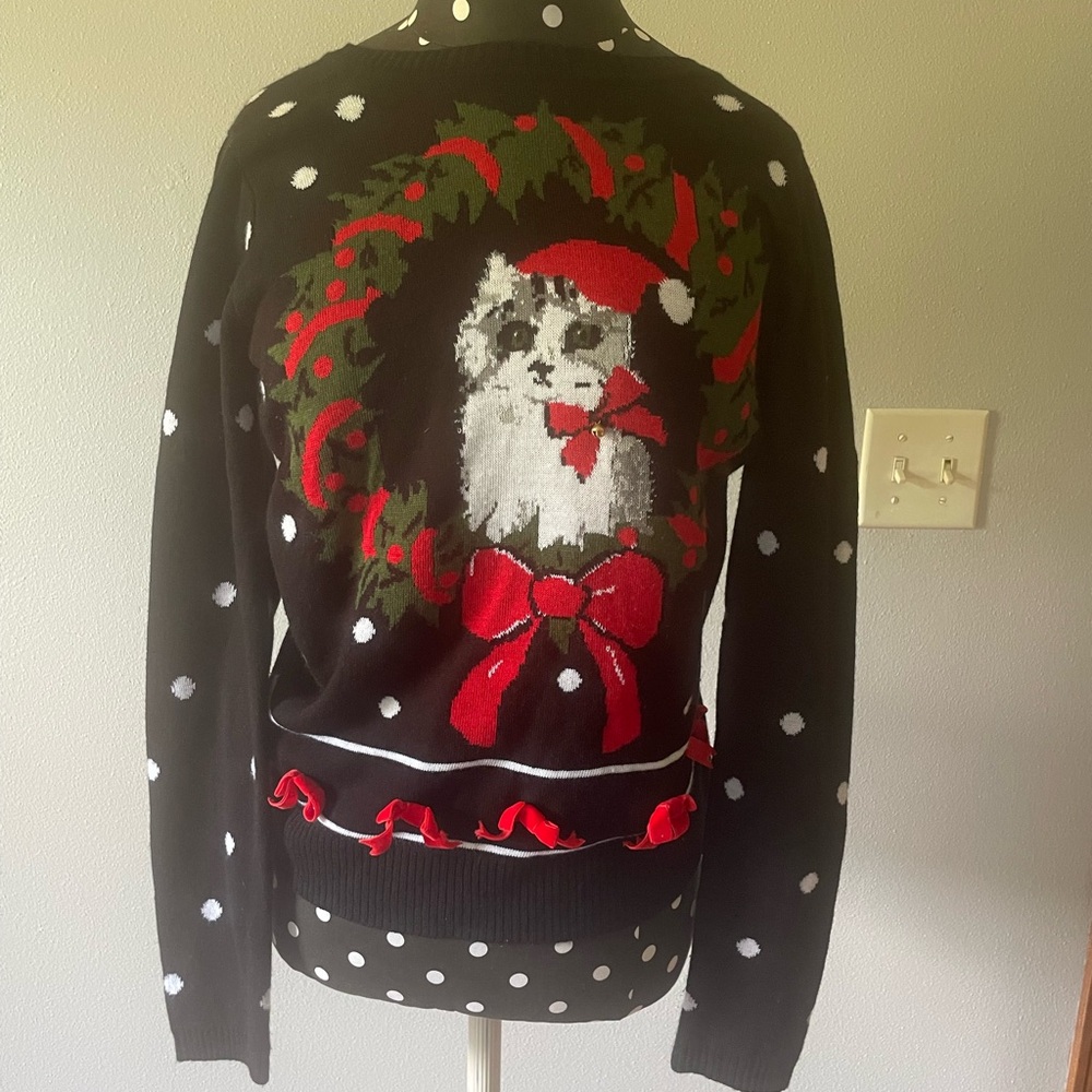 Ugly but cute Christmas Sweater w Cat, Bows, Bell - Navy and Red